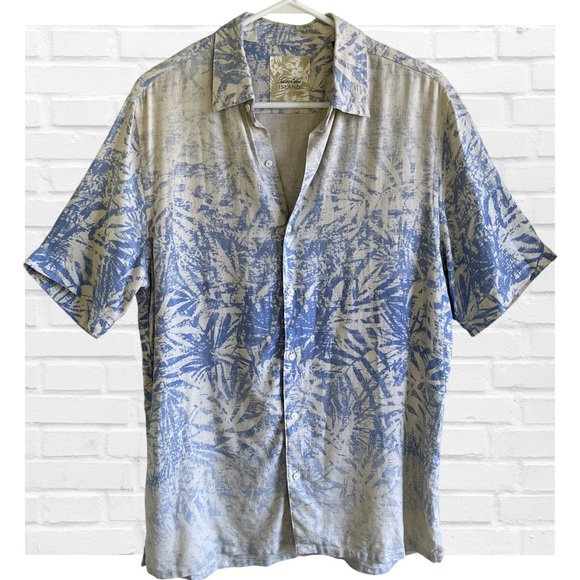 Tasso Elba Island Silk Linen Camp Shirt Hawaiian Blue Resortwear Cuban Collar - Picture 1 of 8